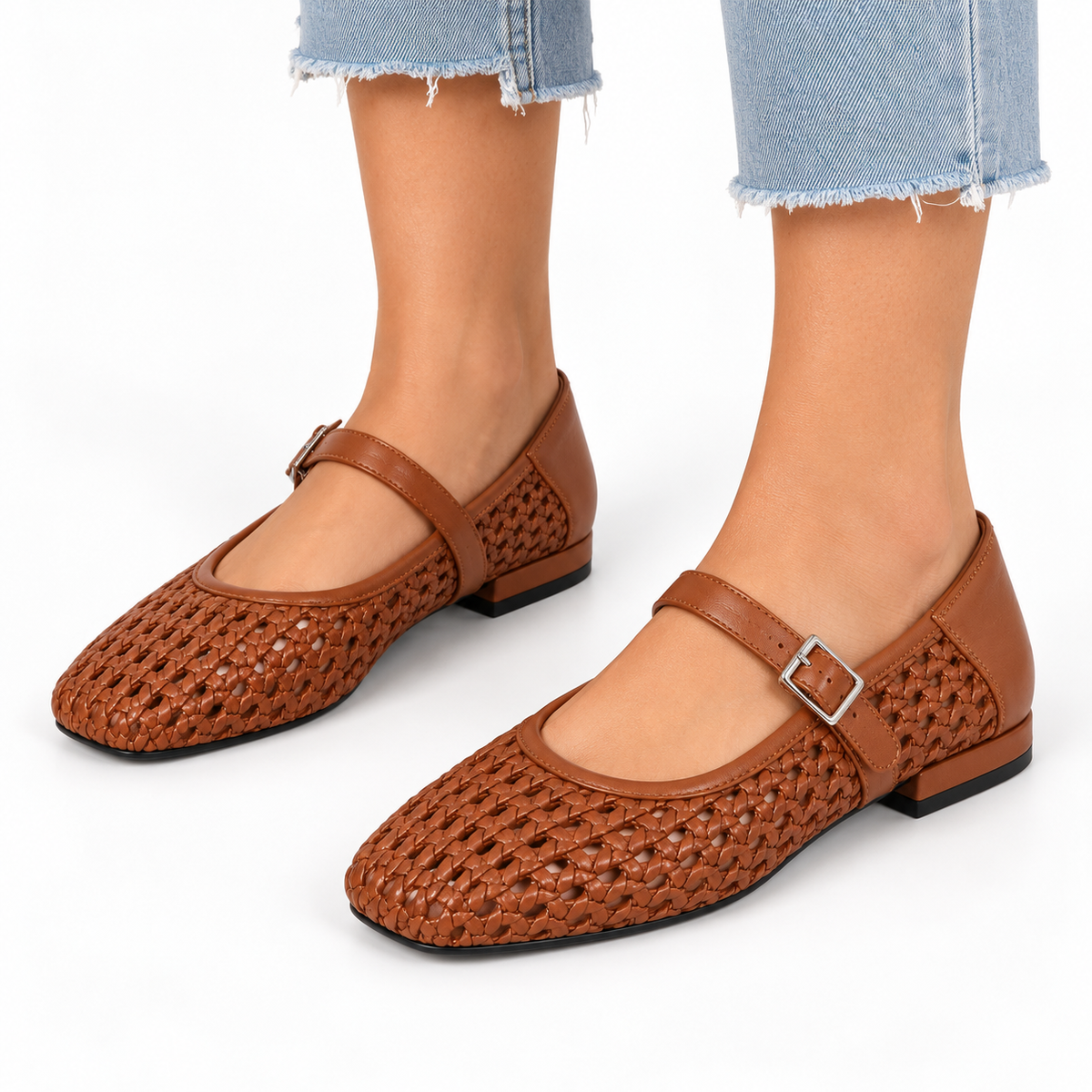 Women's Woven Square-Toe Mary Jane Flats — Brown — worn view