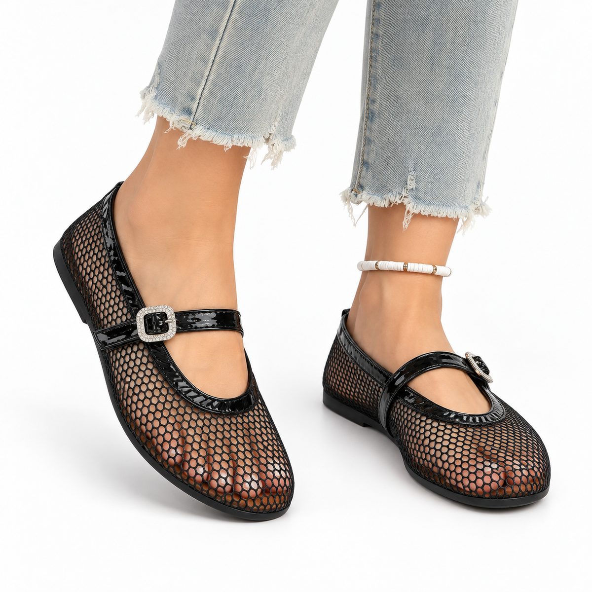 Women's Round-Toe Mesh Mary Jane Flats — Black — worn view