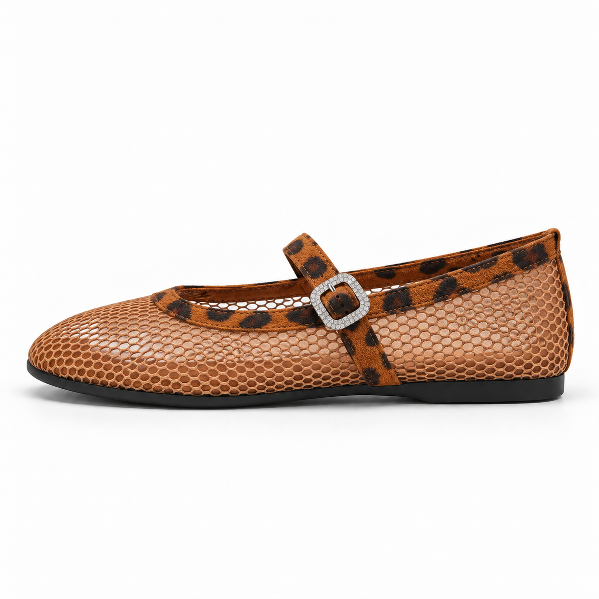 Women's Round-Toe Mesh Mary Jane Flats — Brown — front view