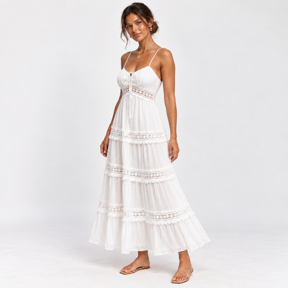 Lace-Trim Tiered Sundress — White — front45 view