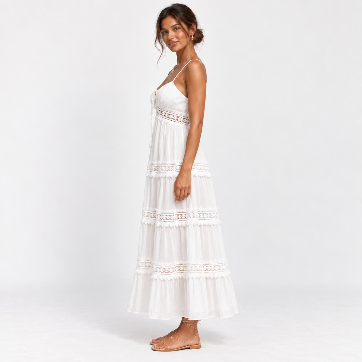 Lace-Trim Tiered Sundress — White — side view