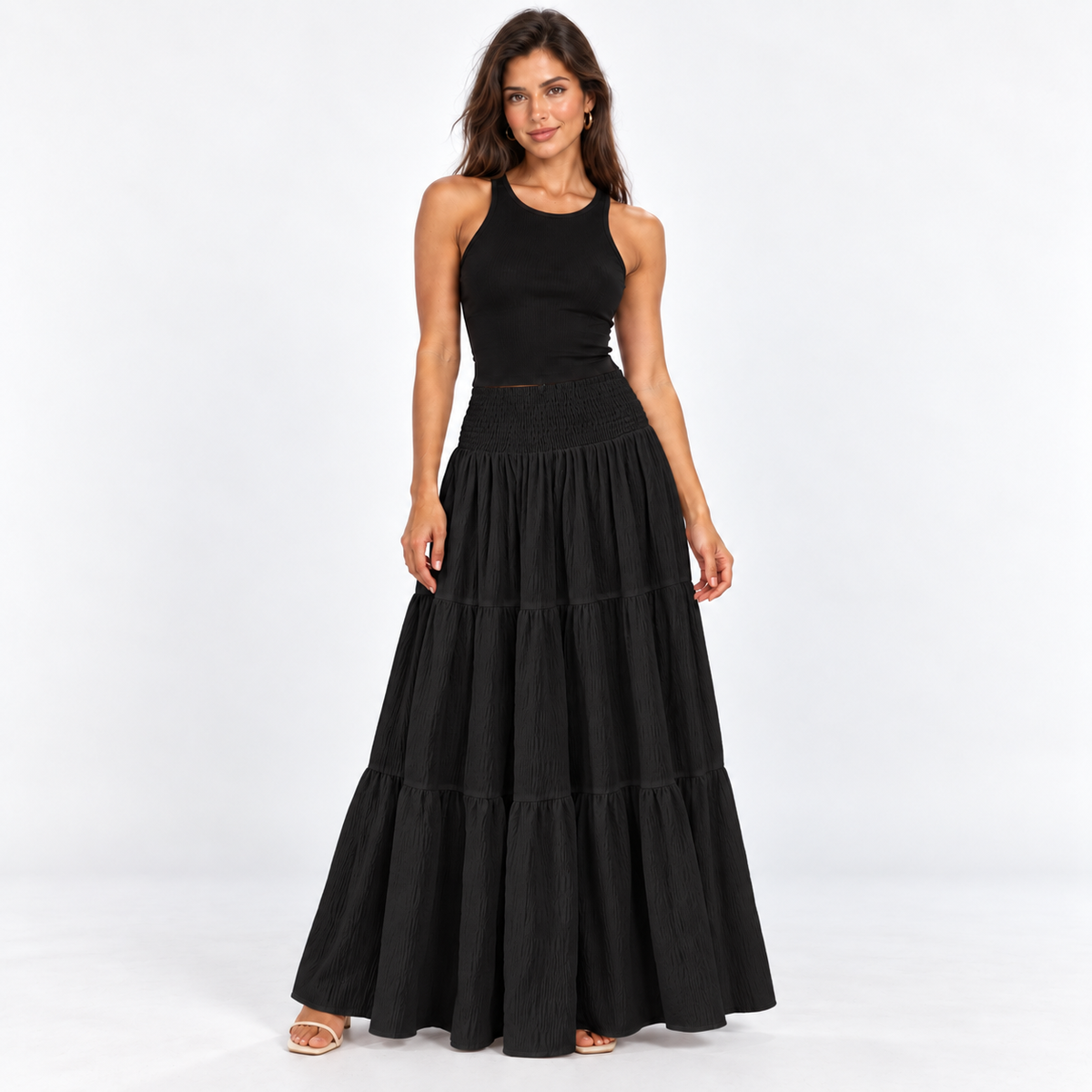 Elastic-Waist Tiered Maxi Skirt — Black — front view