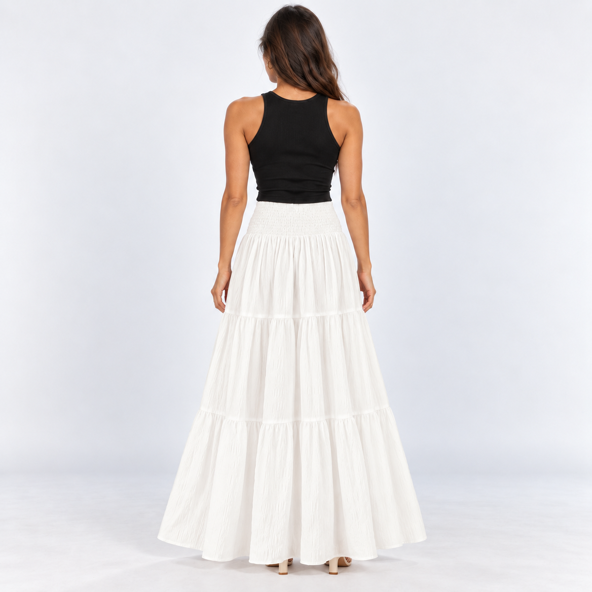 Elastic-Waist Tiered Maxi Skirt — White — back view