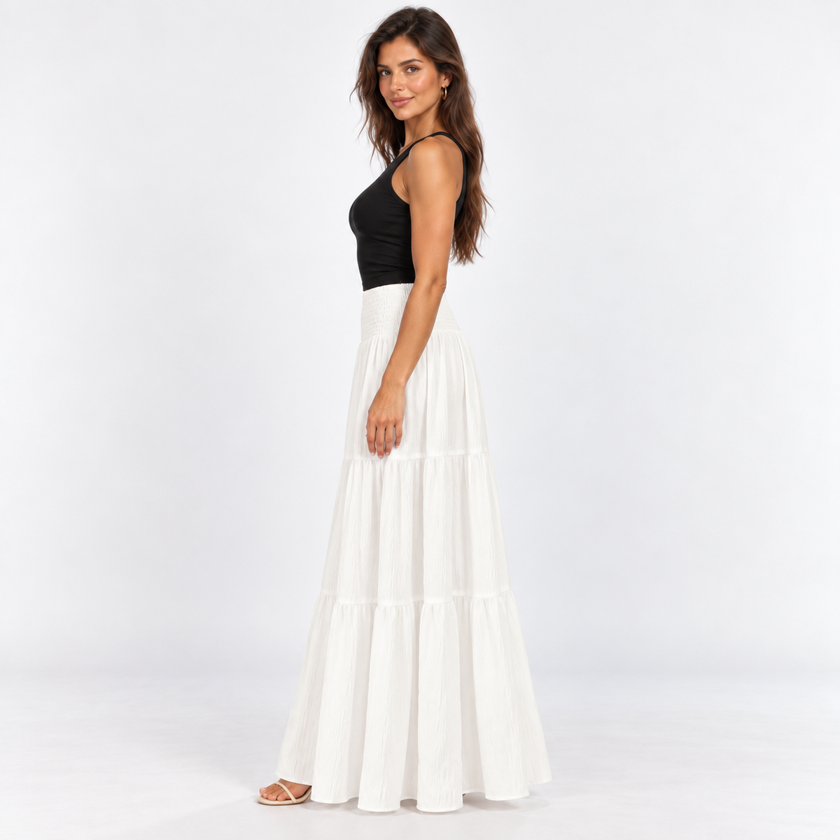 Elastic-Waist Tiered Maxi Skirt — White — side view