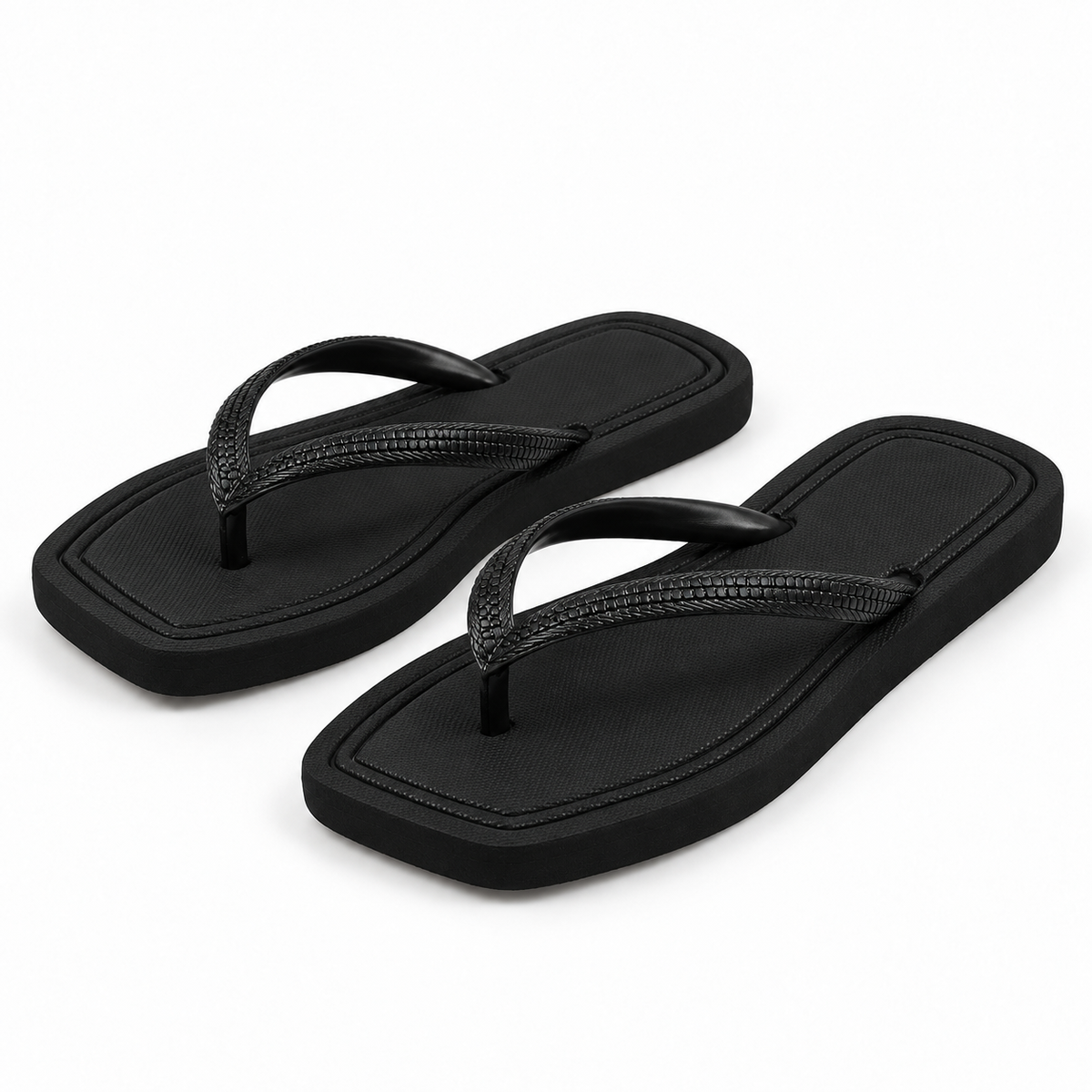 Square-Toe Flat Thong Sandals — Black — pair view