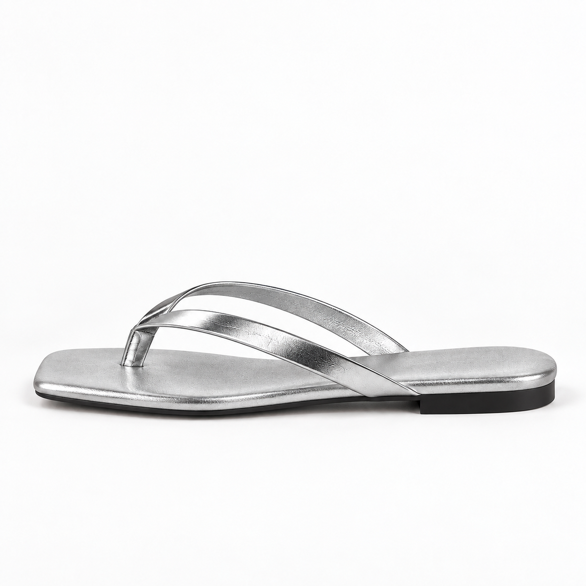 Slim-Strap Square-Toe Sandals — Silver — front view