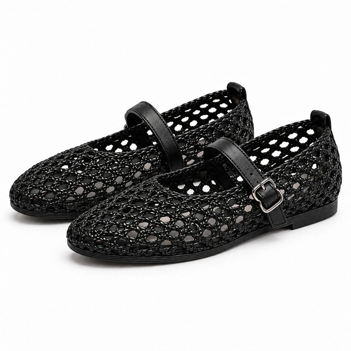Woven Mary Jane Flats — Black — pair view