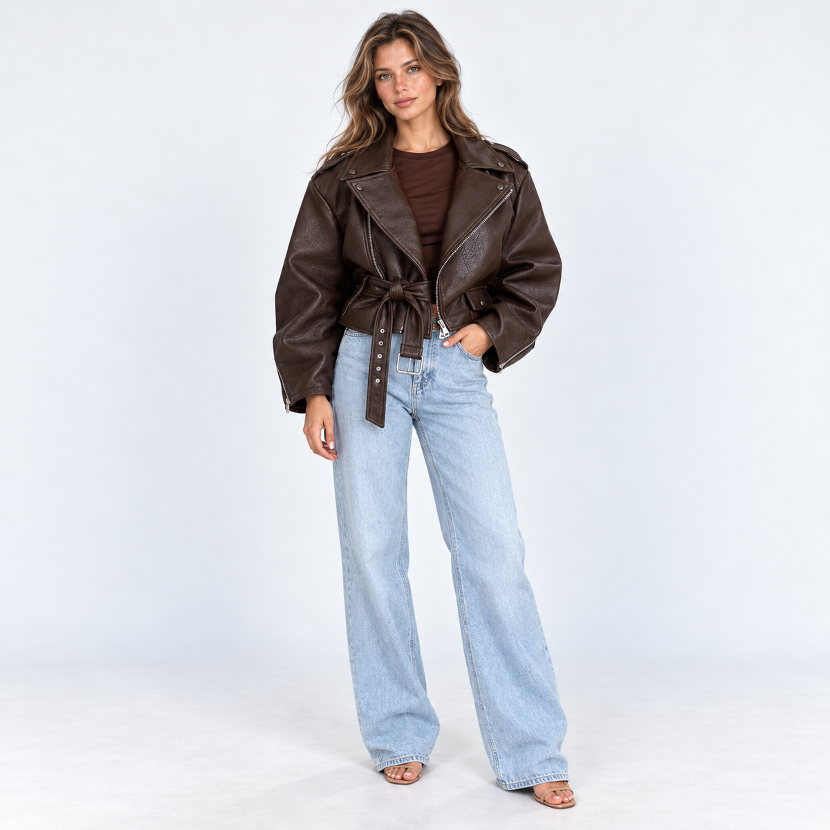 Oversized Cropped Biker Jacket — Brown — front view