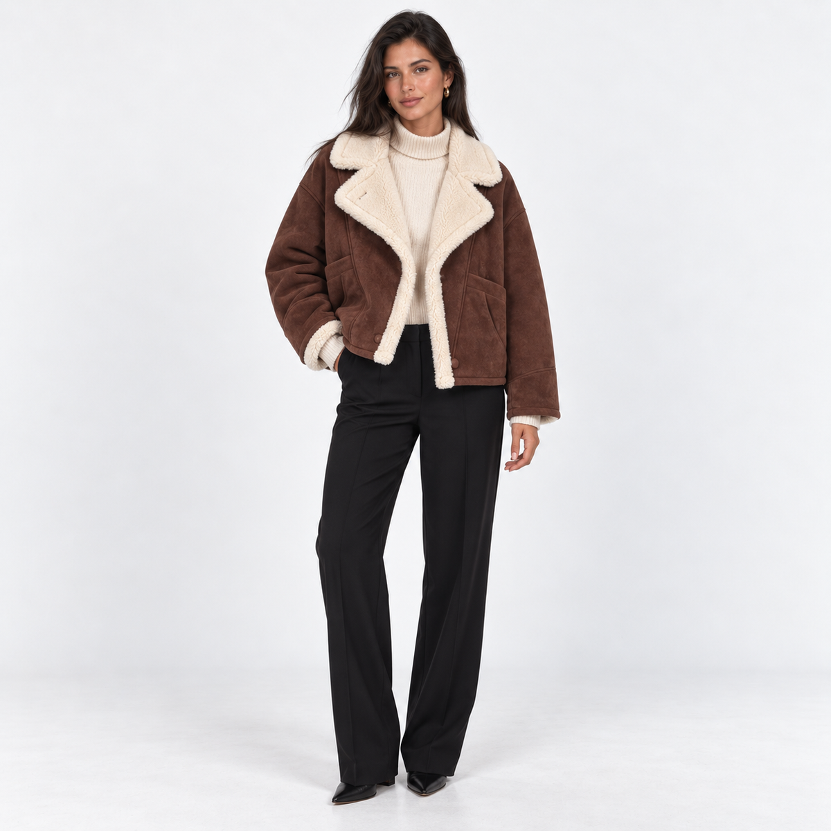 Contrast-Trim Faux Shearling Jacket — Brown — front view