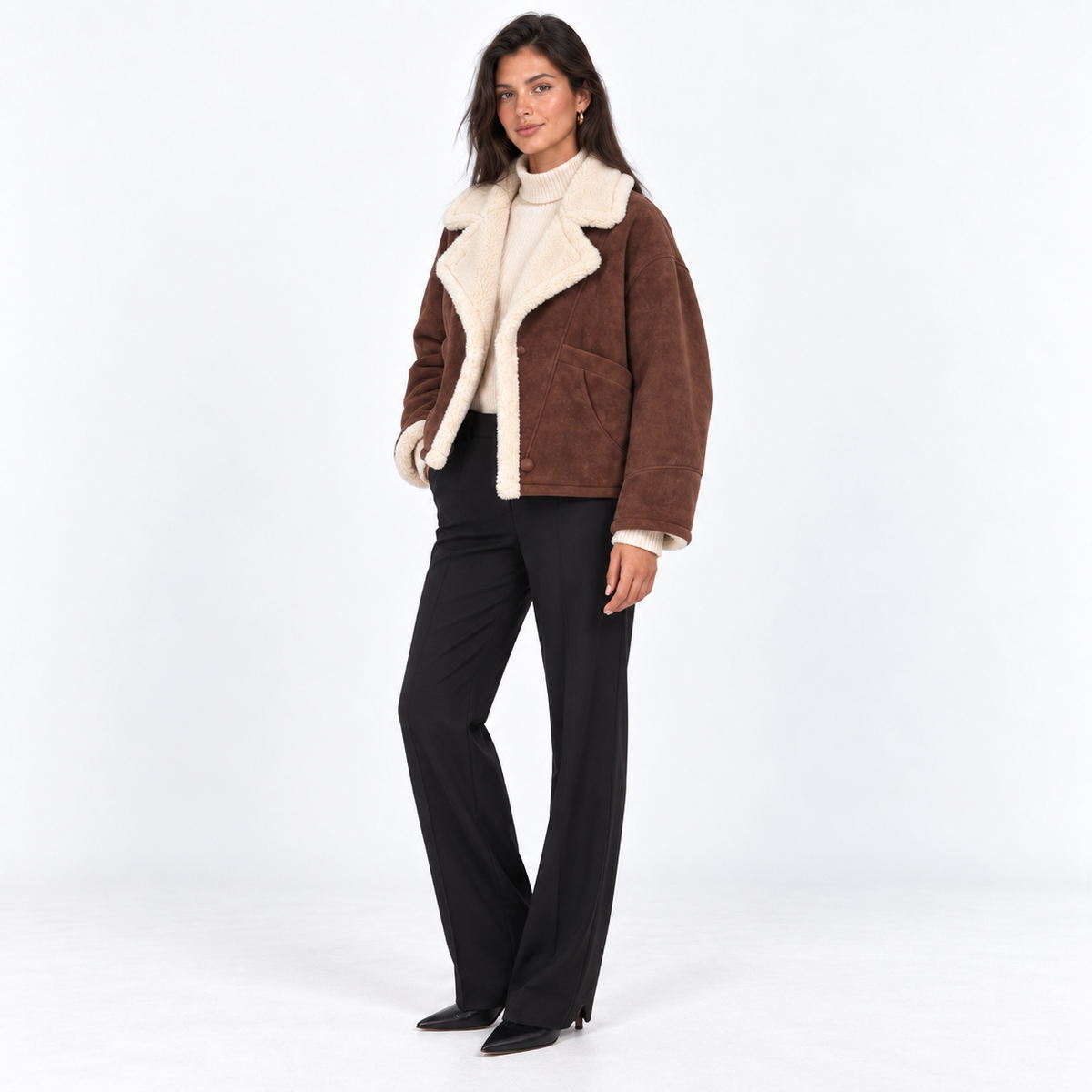 Contrast-Trim Faux Shearling Jacket — Brown — front45 view