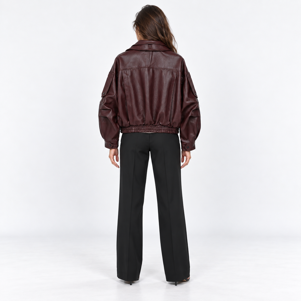 Belted Faux Leather Bomber Jacket — Burgundy — back view