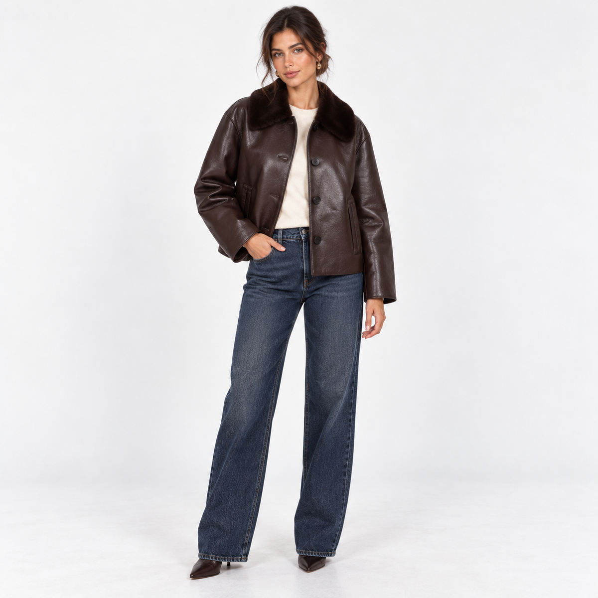 Reversible Faux Fur Jacket — Chocolate — front view