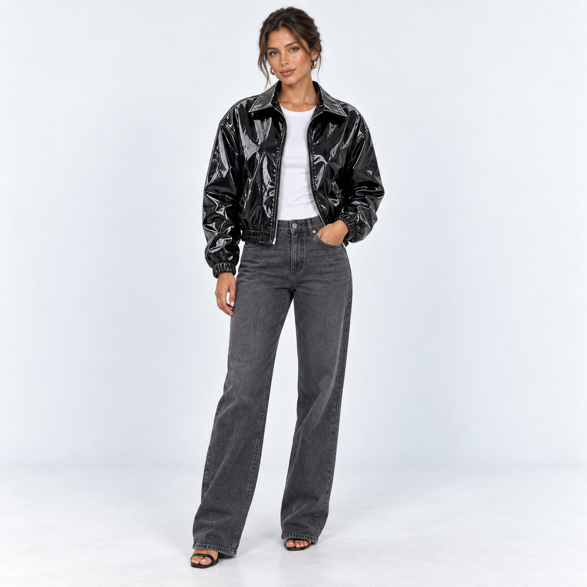 Glossy Faux Leather Bomber Jacket — Black — front view