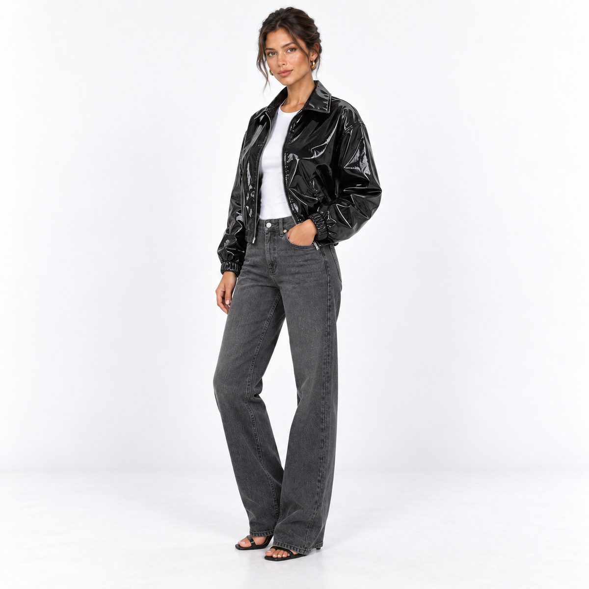 Glossy Faux Leather Bomber Jacket — Black — front45 view