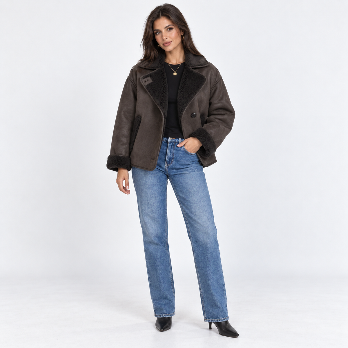 Faux Shearling Collar Jacket — Espresso — front view