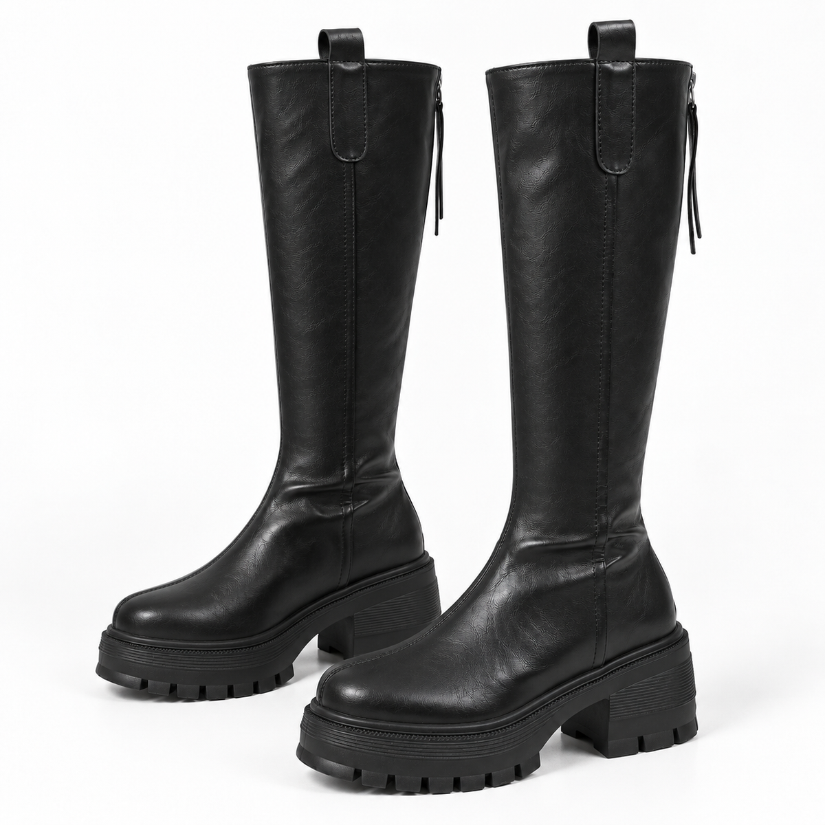 Chunky-Sole Knee-High Boots — Black — pair view