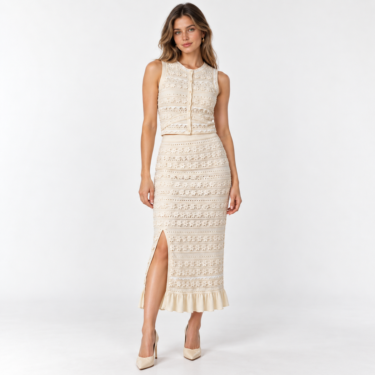 Floral Knit Vest & Midi Skirt Set — Cream — front view