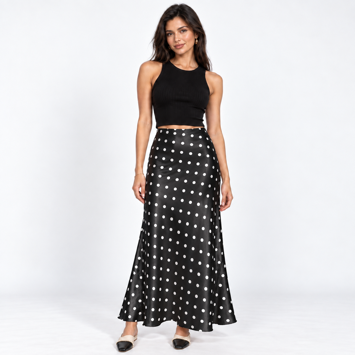 Polka Dot Satin Midi Skirt — Black — front view
