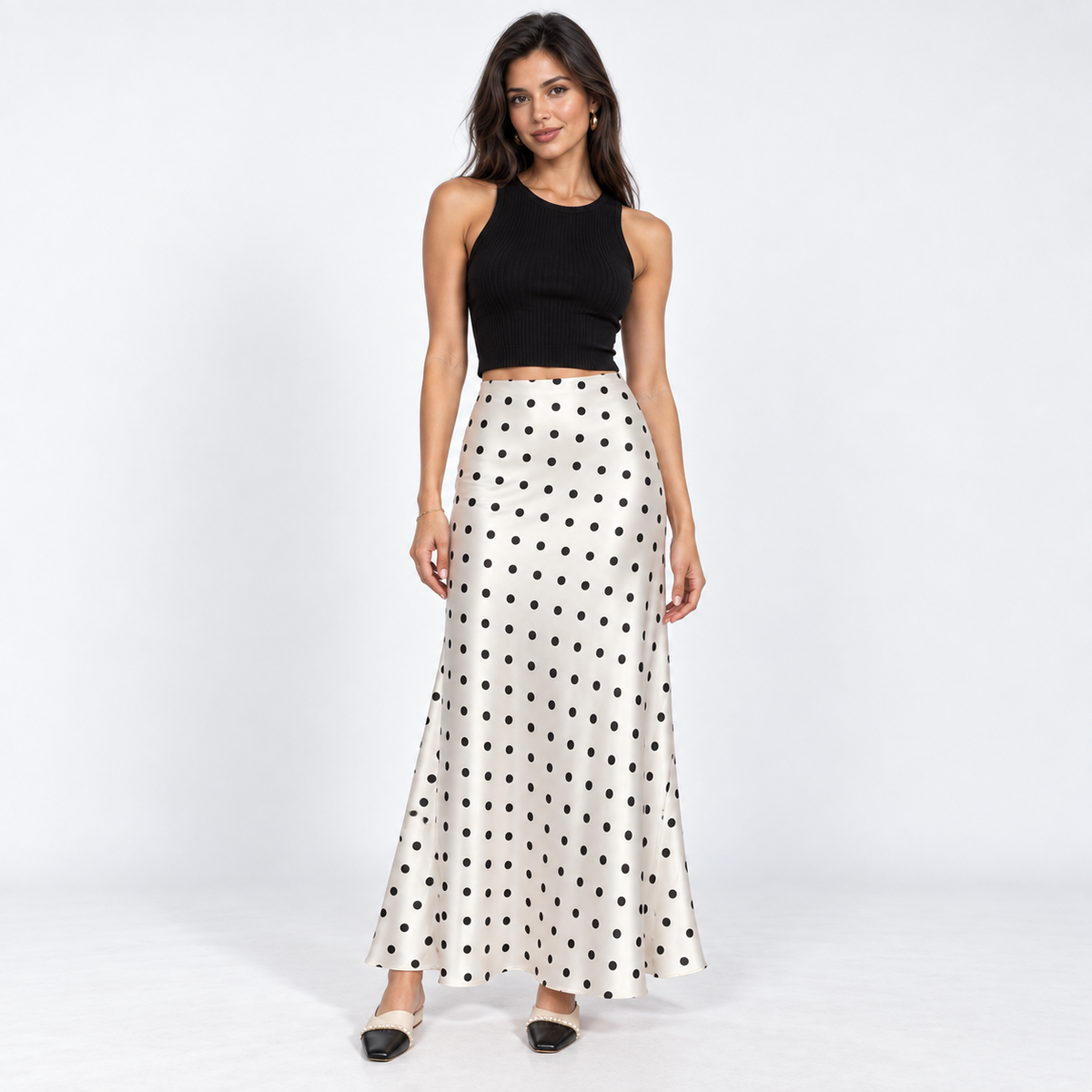 Polka Dot Satin Midi Skirt — White — front view