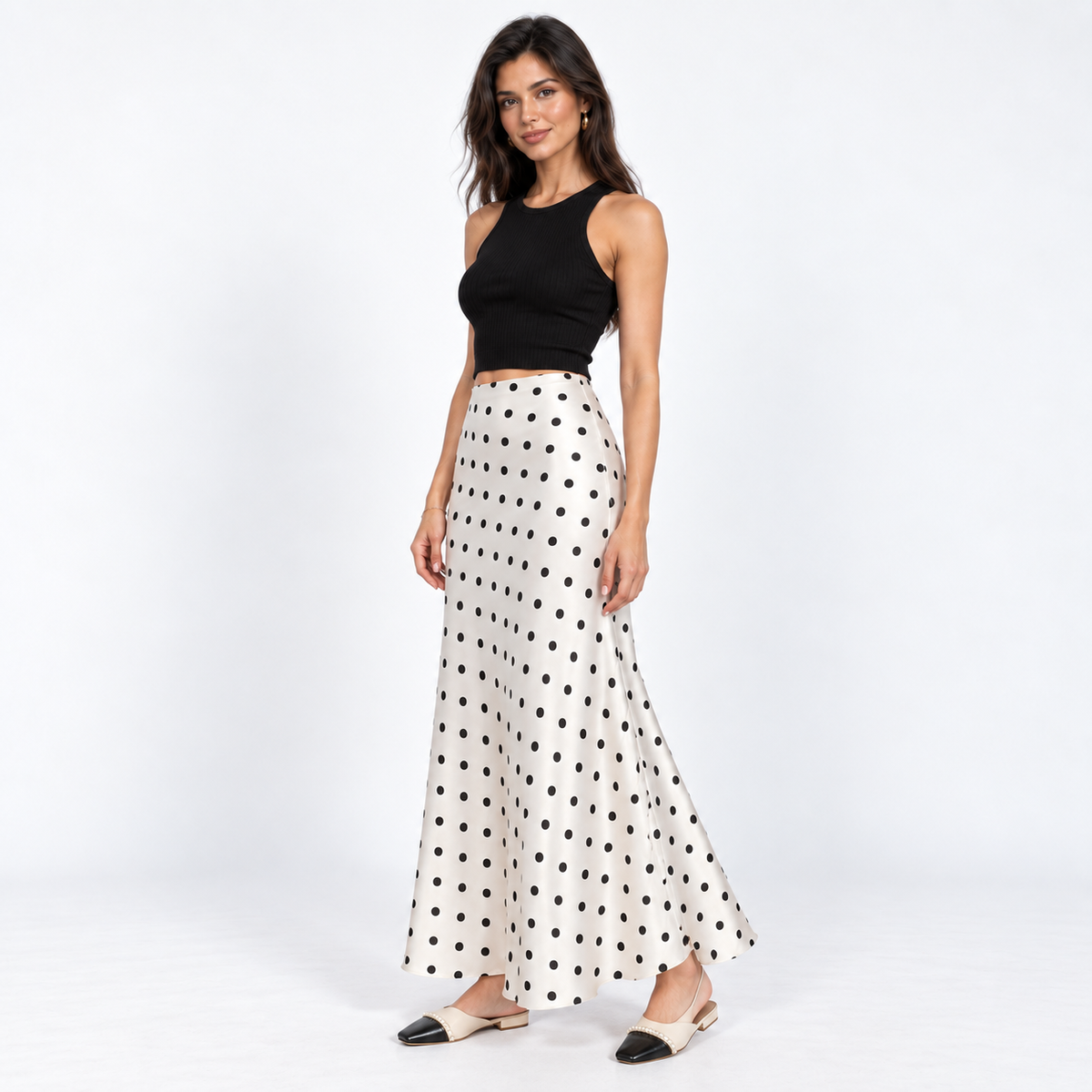 Polka Dot Satin Midi Skirt — White — front45 view