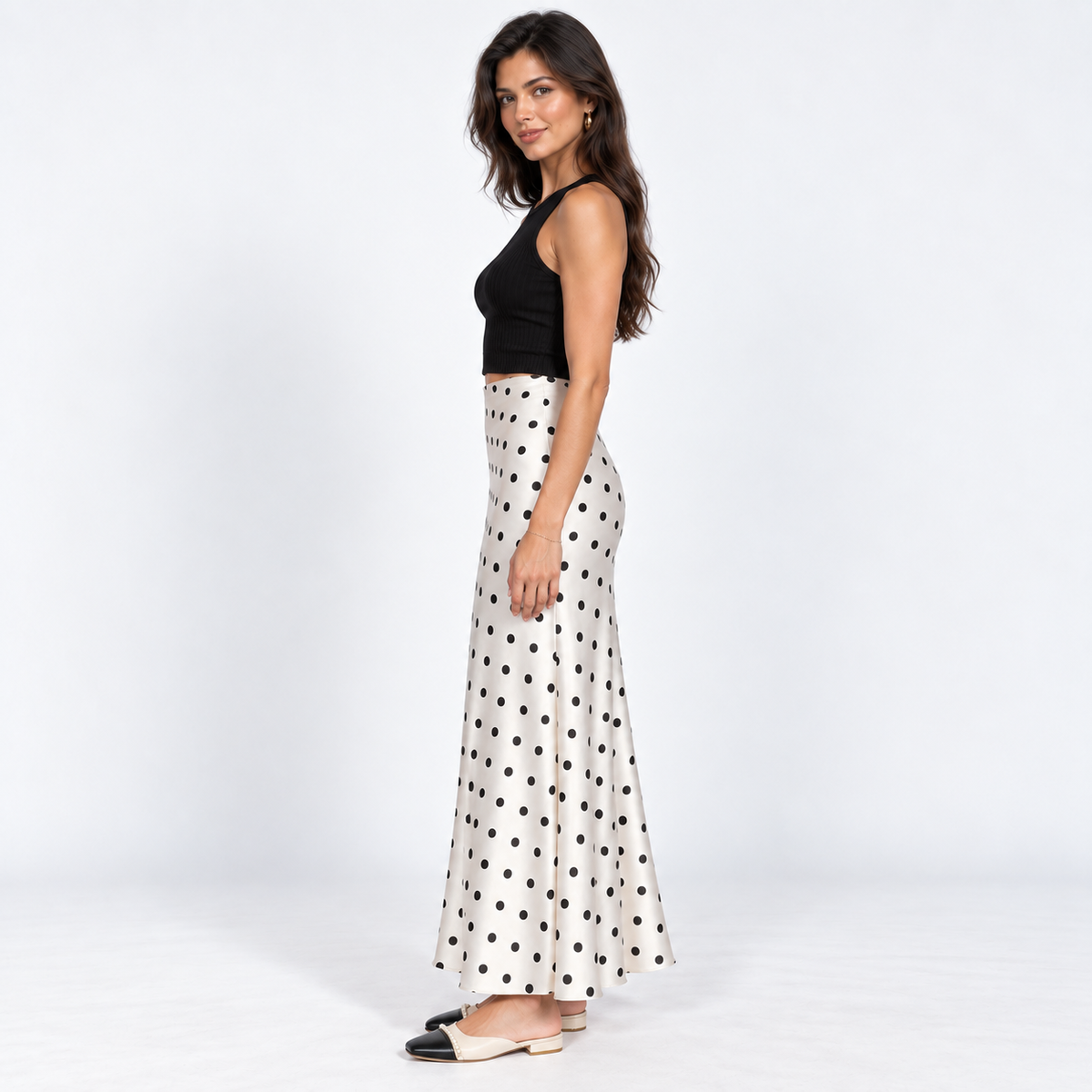 Polka Dot Satin Midi Skirt — White — side view