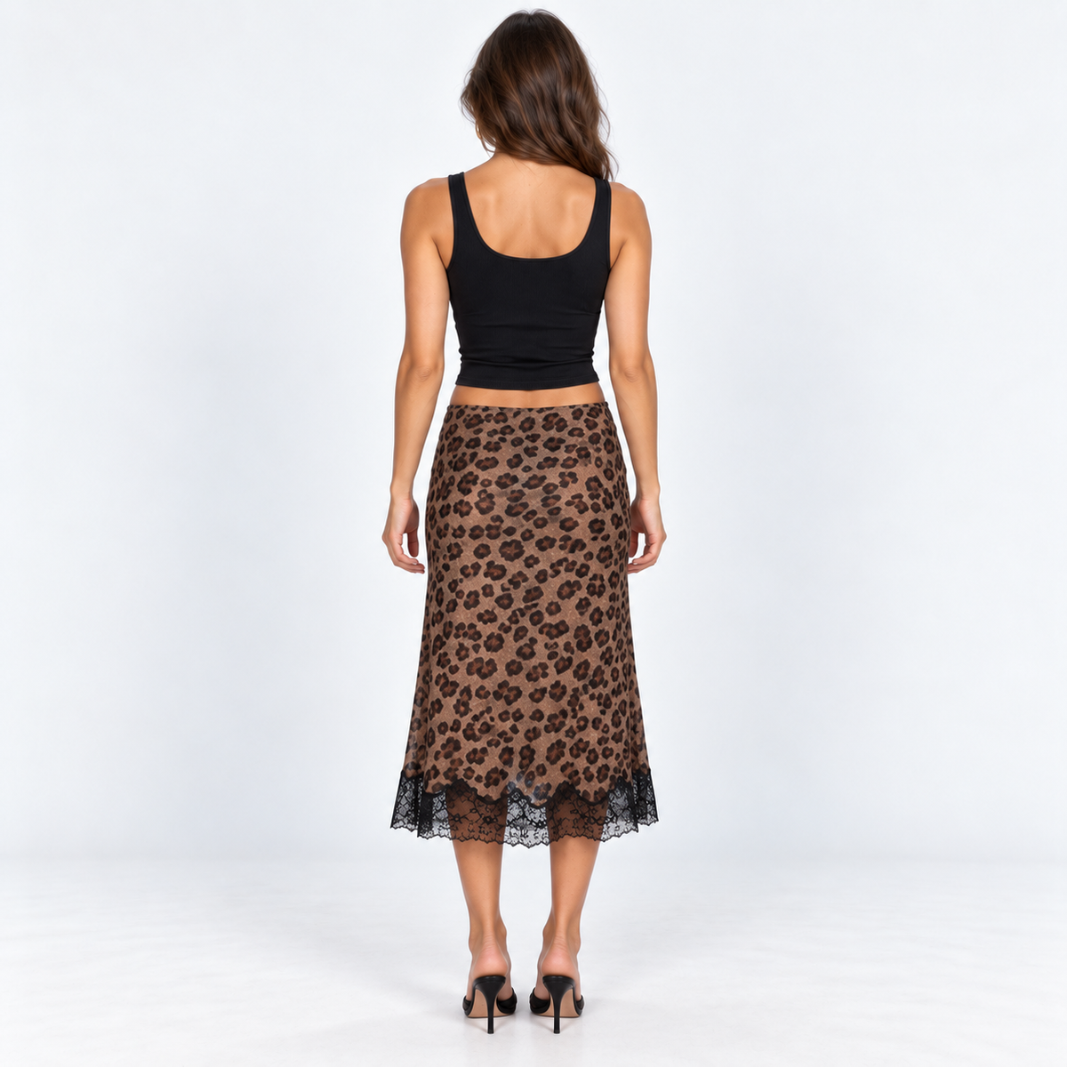 Leopard Lace-Trim Midi Skirt — Leopard — back view