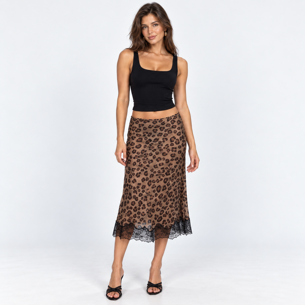 Leopard Lace-Trim Midi Skirt — Leopard — front view
