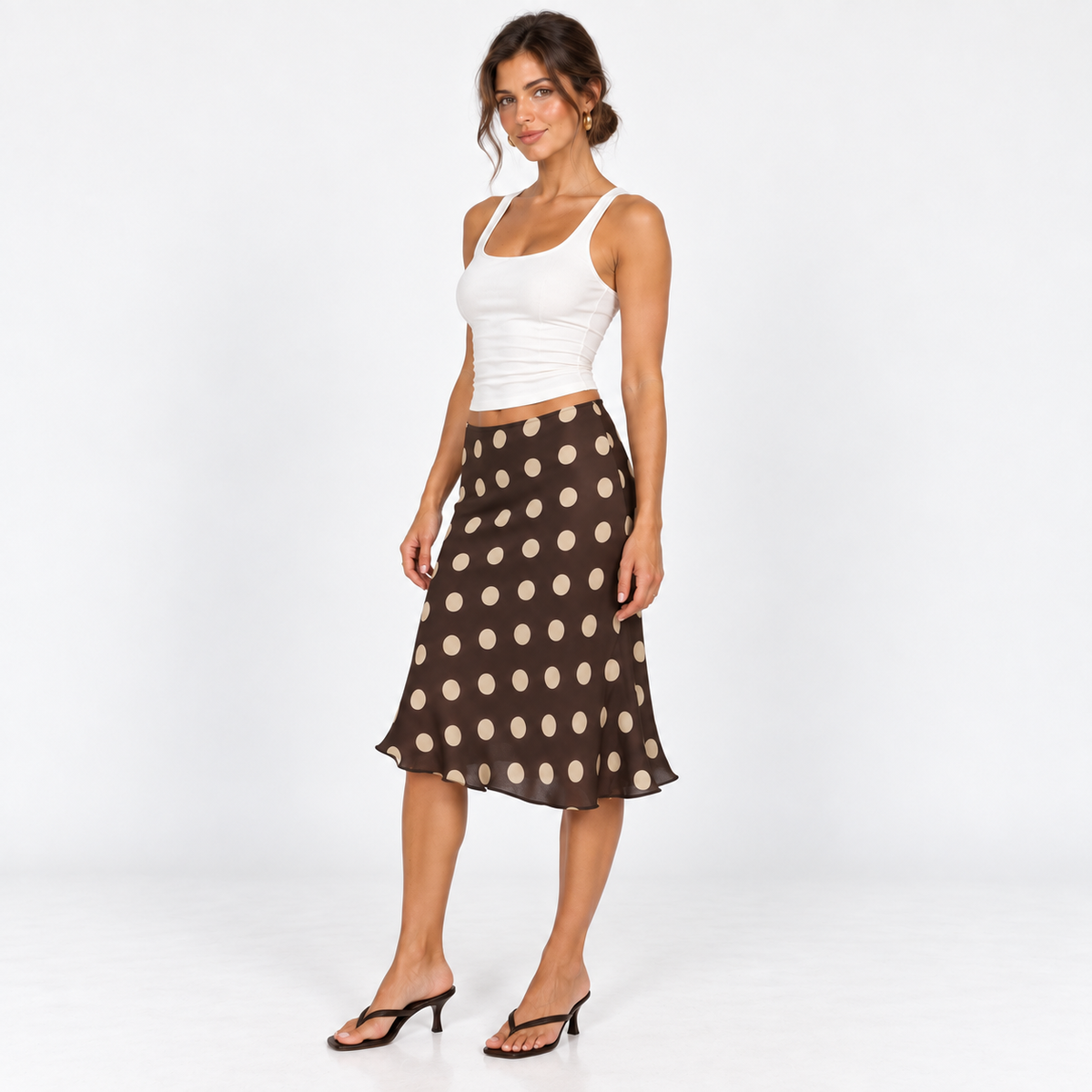 Retro Polka Dot Slip Skirt — Brown — front45 view