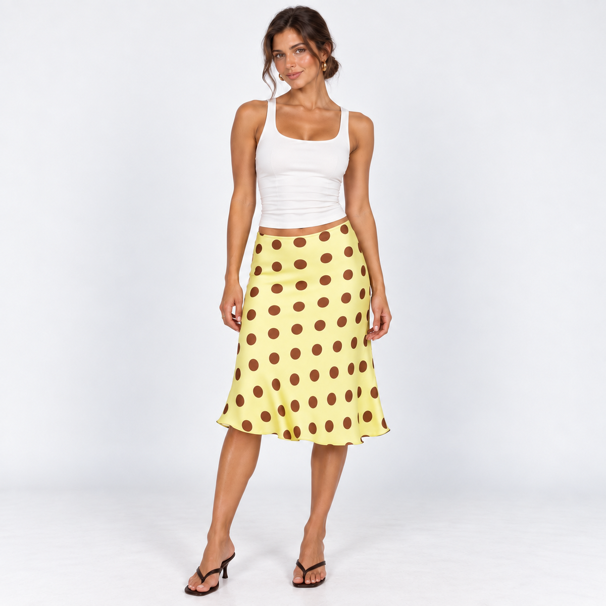 Retro Polka Dot Slip Skirt — Yellow — front view