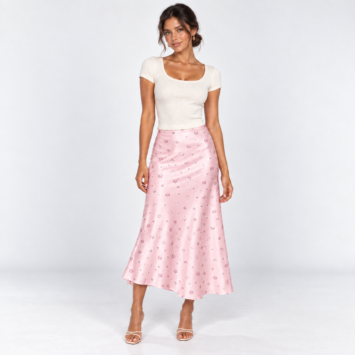 Floral Satin Midi Skirt — Pink — front view