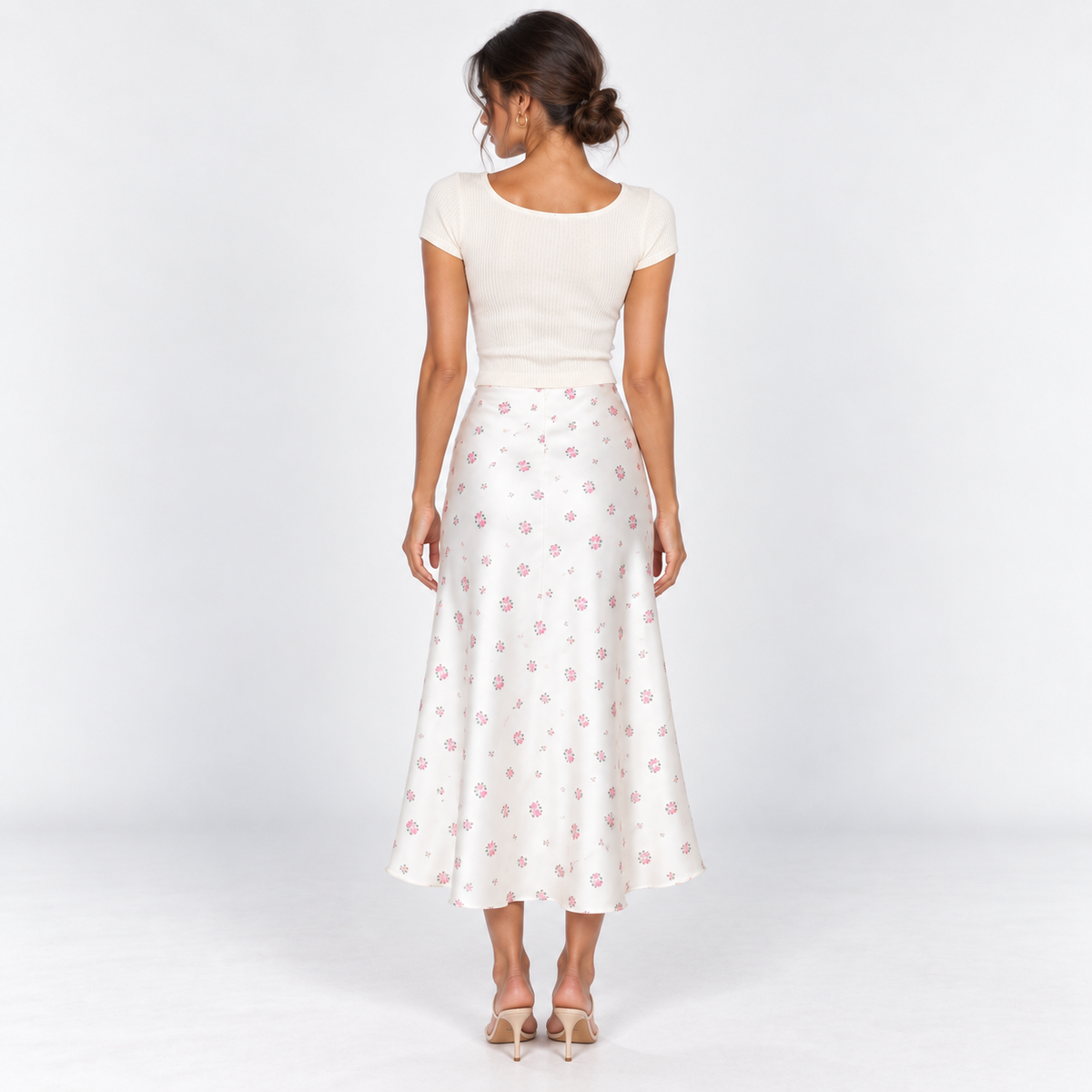 Floral Satin Midi Skirt — White — back view