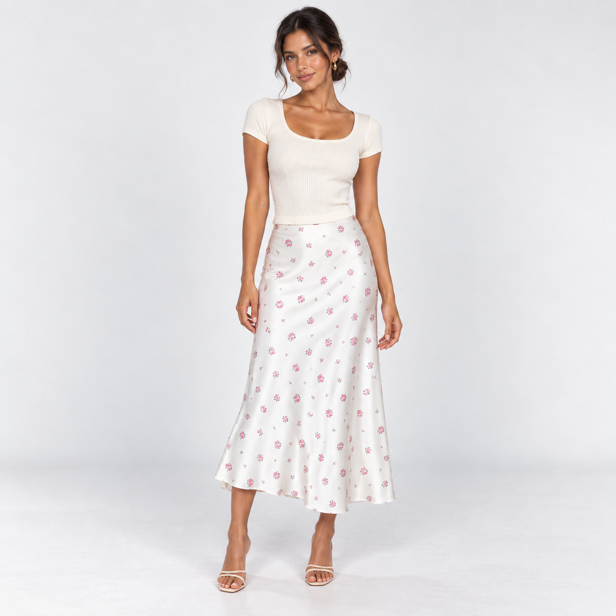 Floral Satin Midi Skirt — White — front view