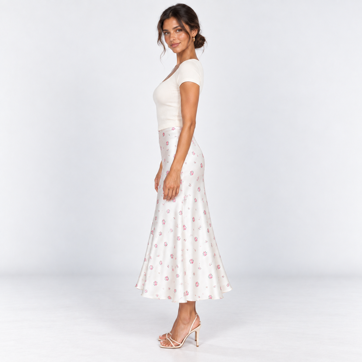 Floral Satin Midi Skirt — White — side view