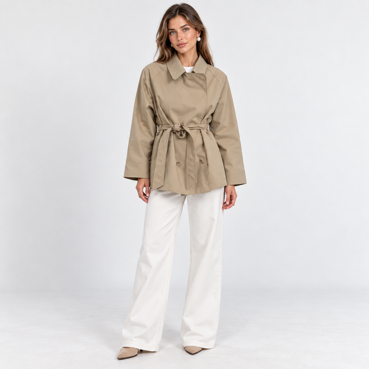 Tie-Waist Short Trench Coat — Beige — front view