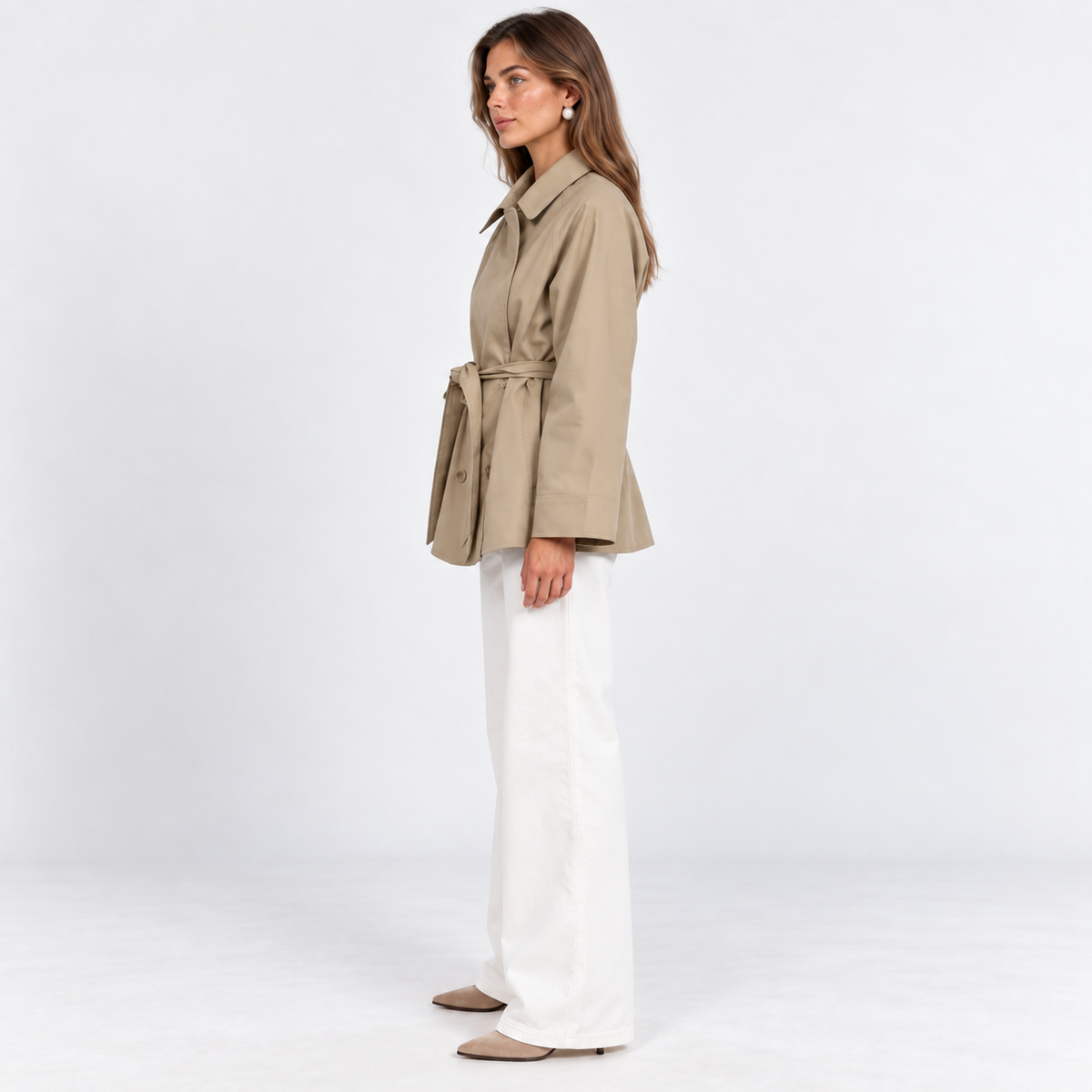 Tie-Waist Short Trench Coat — Beige — side view