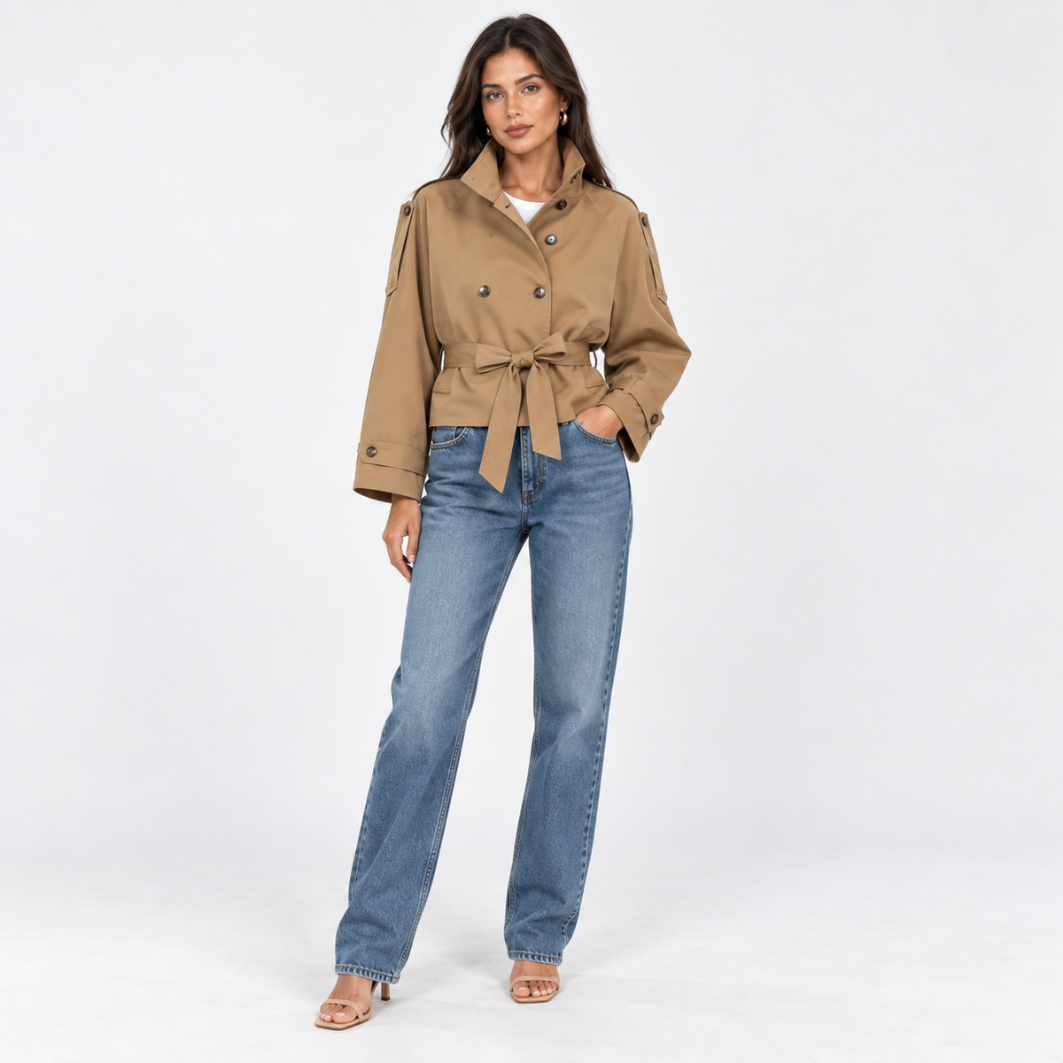 Stand-Collar Cropped Trench — Beige — front view