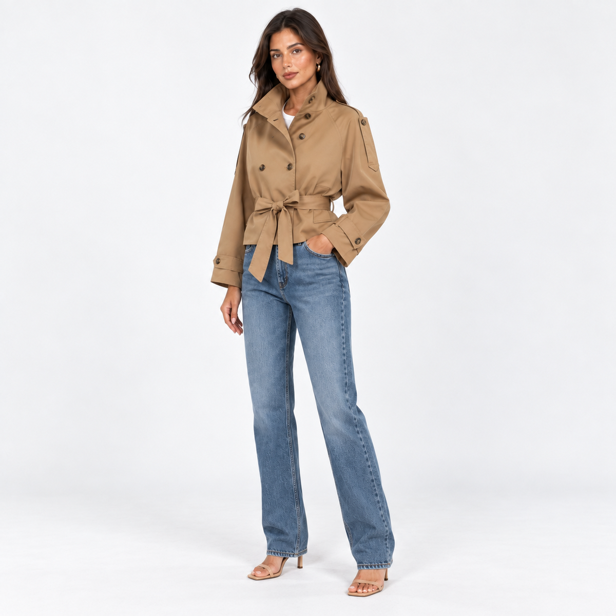Stand-Collar Cropped Trench — Beige — front45 view