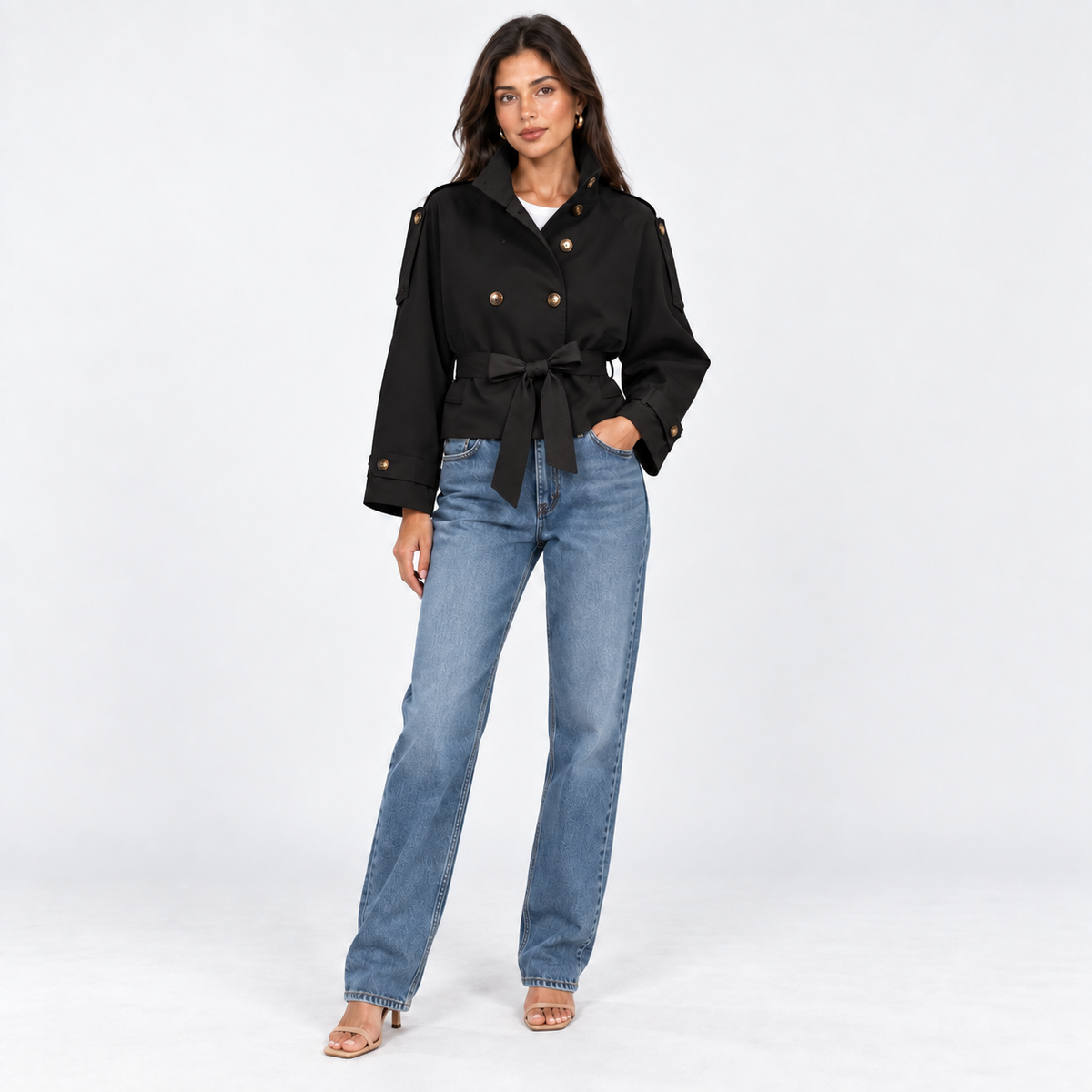 Stand-Collar Cropped Trench — Black — front view