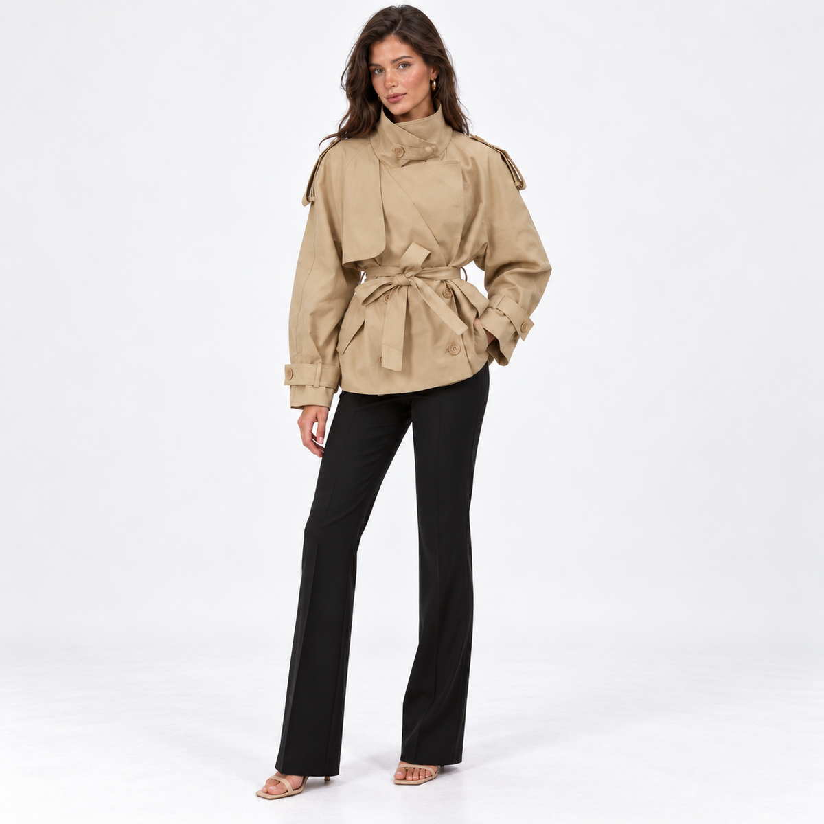 Tie-Waist Stand-Collar Trench — Beige — front45 view