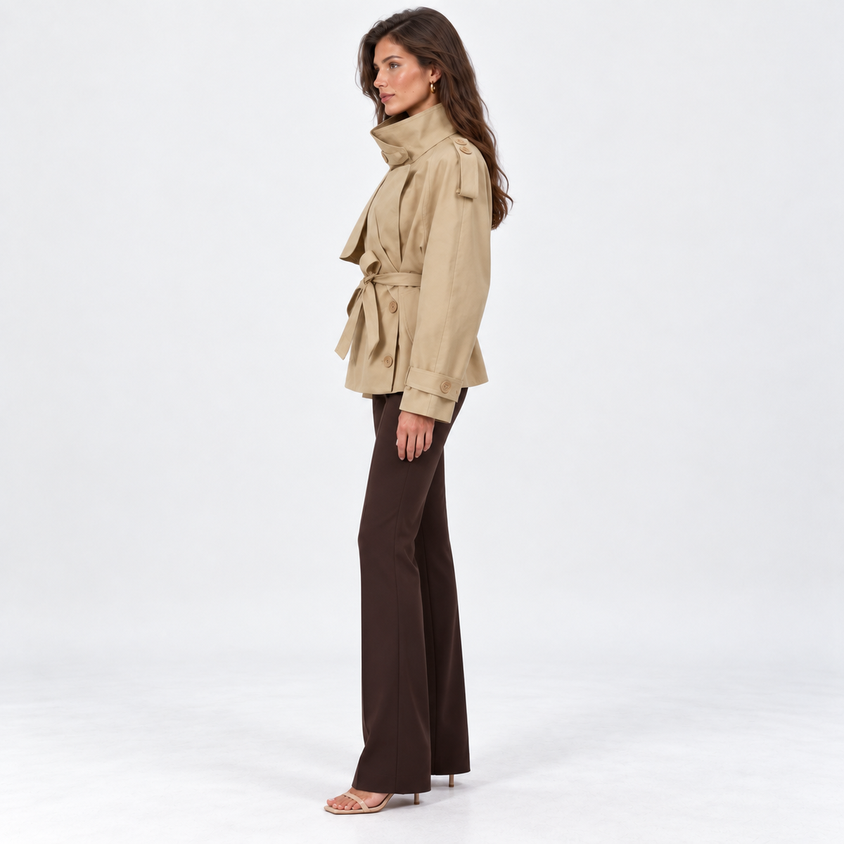 Tie-Waist Stand-Collar Trench — Beige — side view