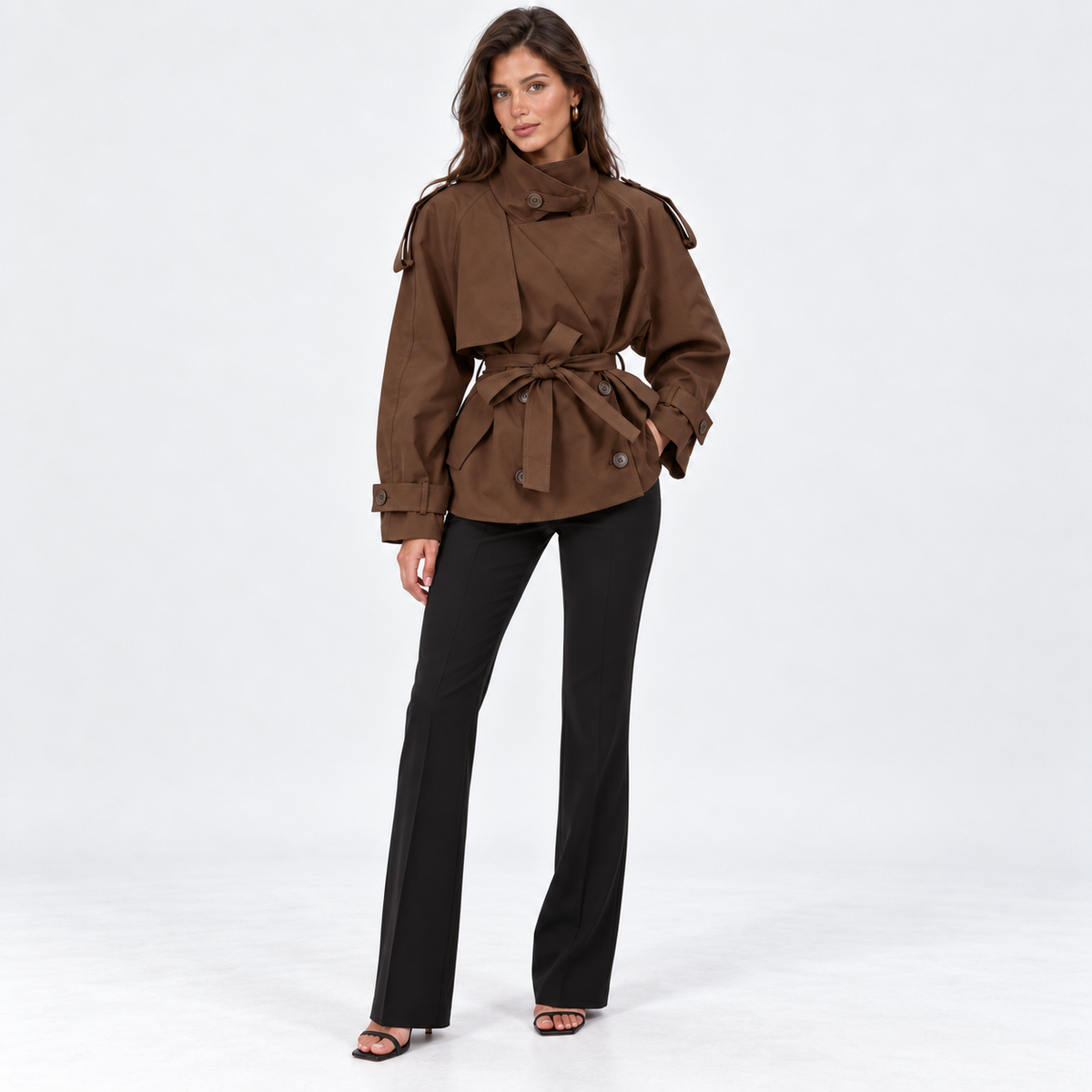 Tie-Waist Stand-Collar Trench — Brown — front view