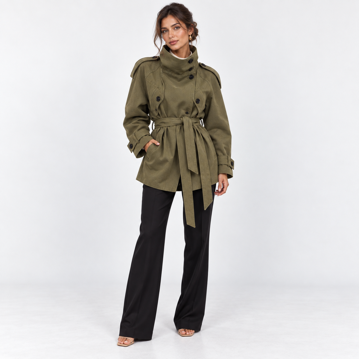 Olive Belted Short Trench — Olive Green — front view