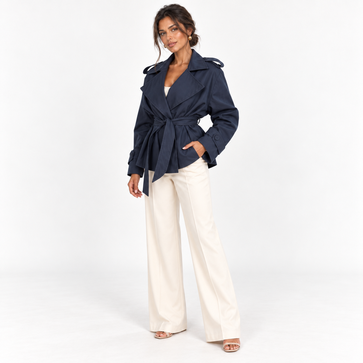 Wide-Lapel Short Trench — Navy — front45 view