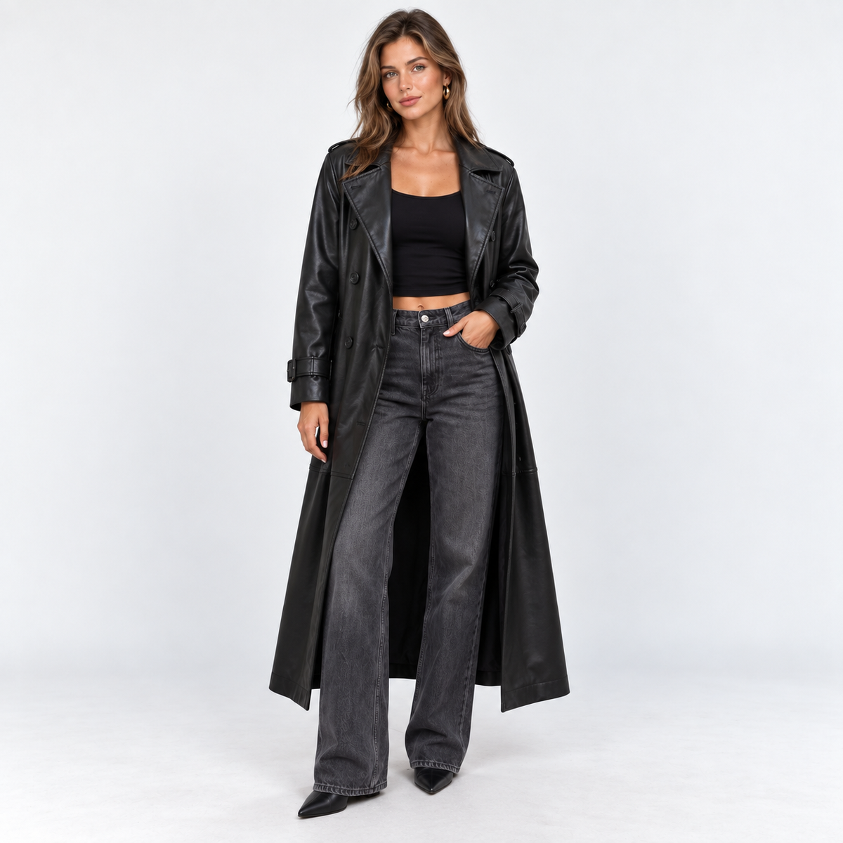 Long Faux Leather Trench Coat — Black — front view