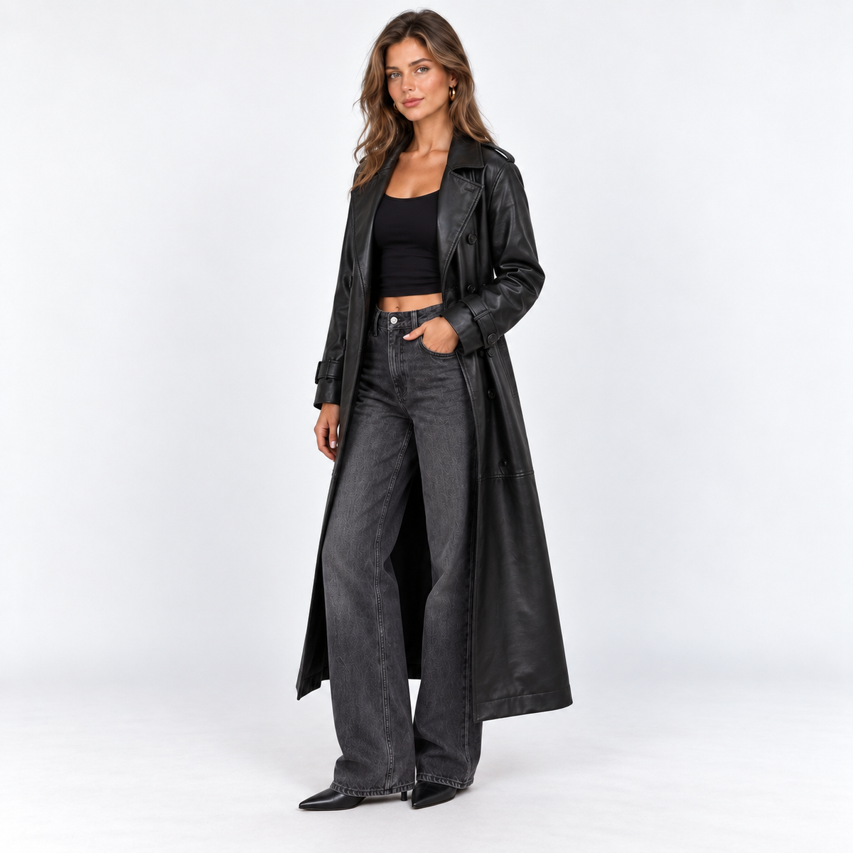 Long Faux Leather Trench Coat — Black — front45 view