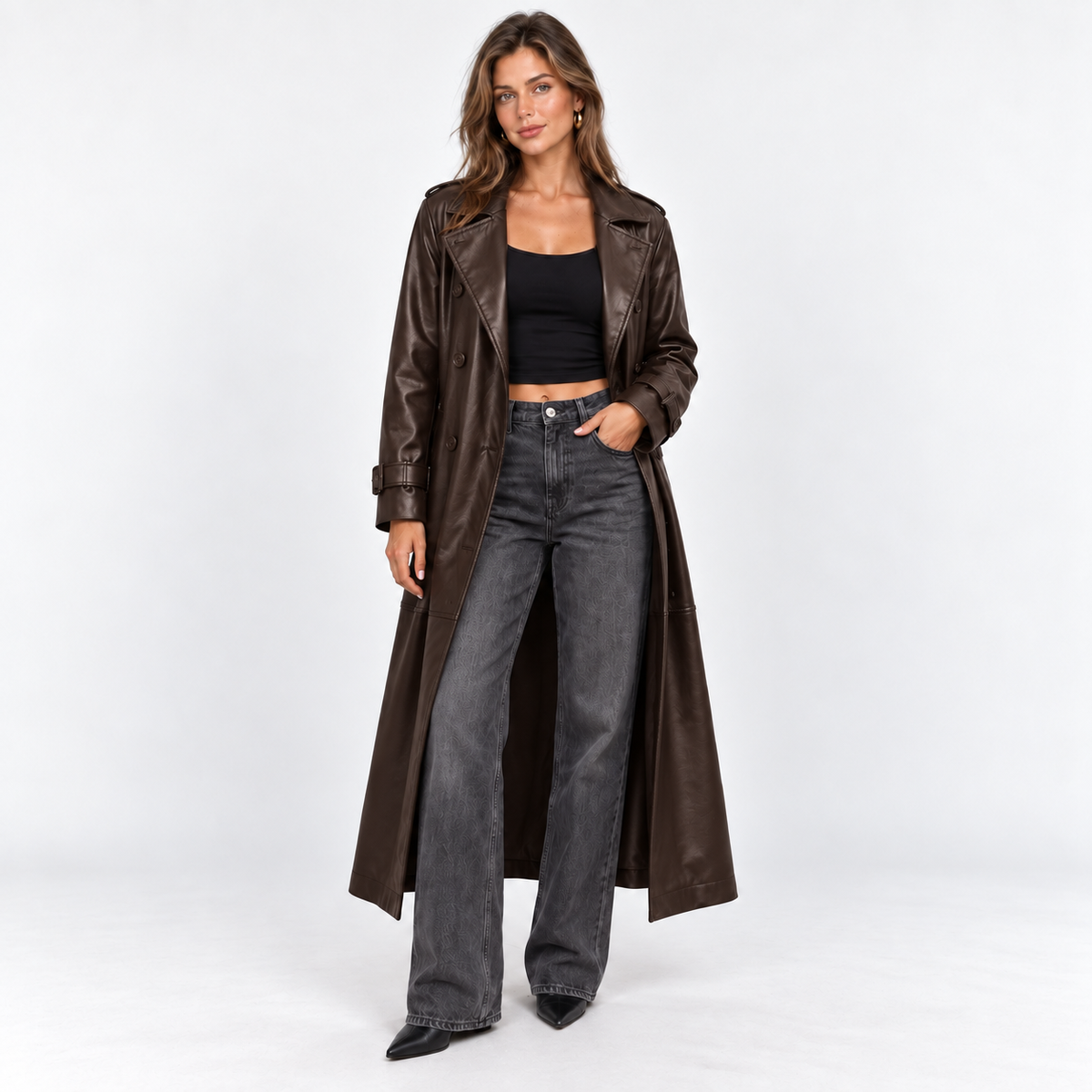 Long Faux Leather Trench Coat — Dark Brown — front view