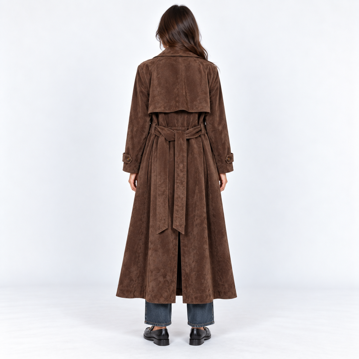 Faux Suede Midi Trench Coat — Brown — back view