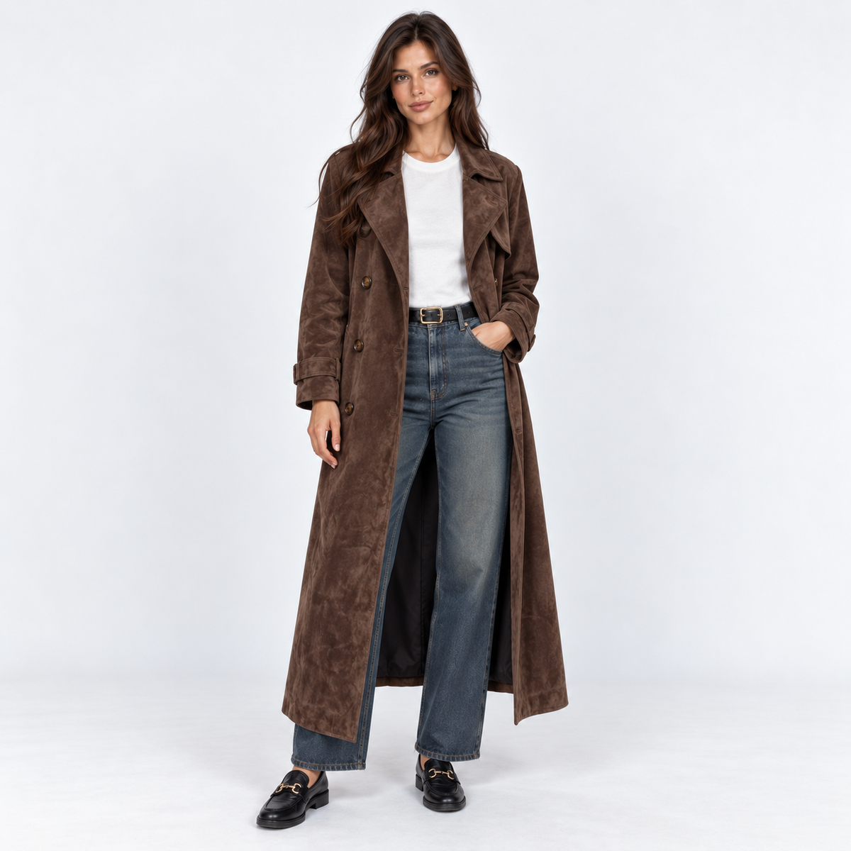 Faux Suede Midi Trench Coat — Brown — front view