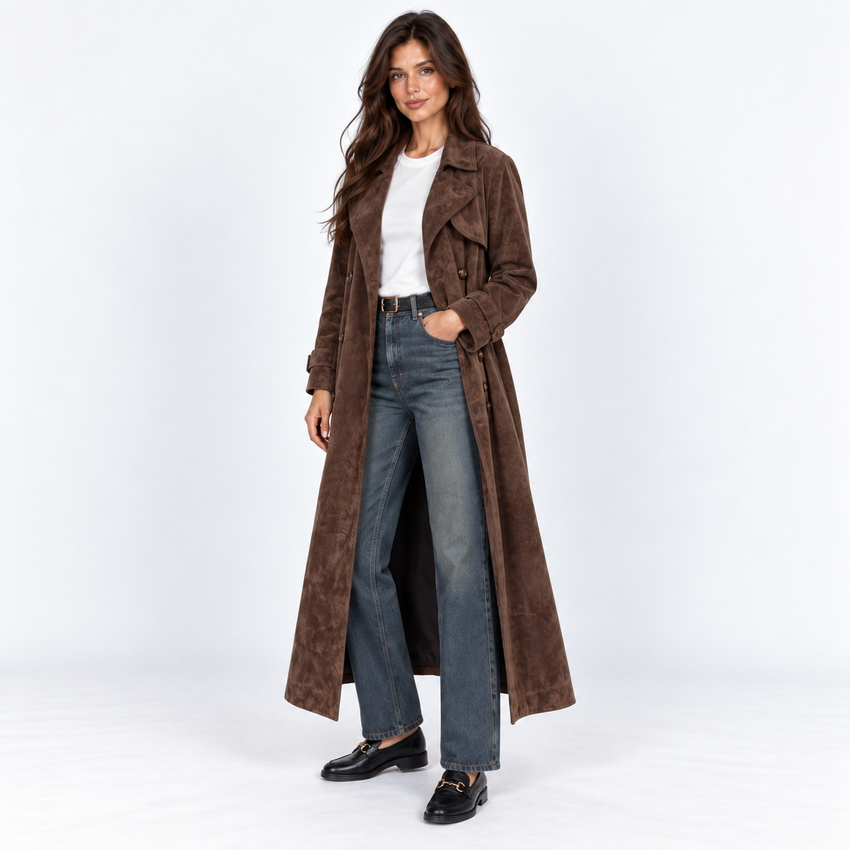 Faux Suede Midi Trench Coat — Brown — front45 view