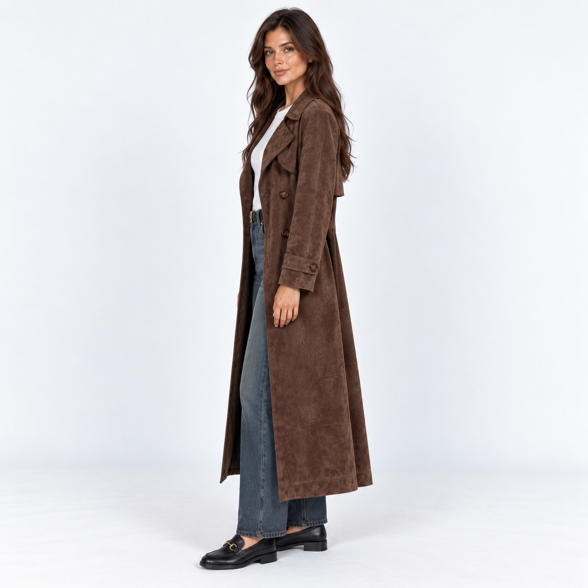 Faux Suede Midi Trench Coat — Brown — side view
